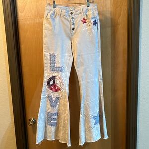 Easel Cream Flare Jeans with Custom  Patches; Size L